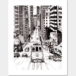 Cable Car San Francisco Cityscape USA Pen and Ink Illustration Posters and Art